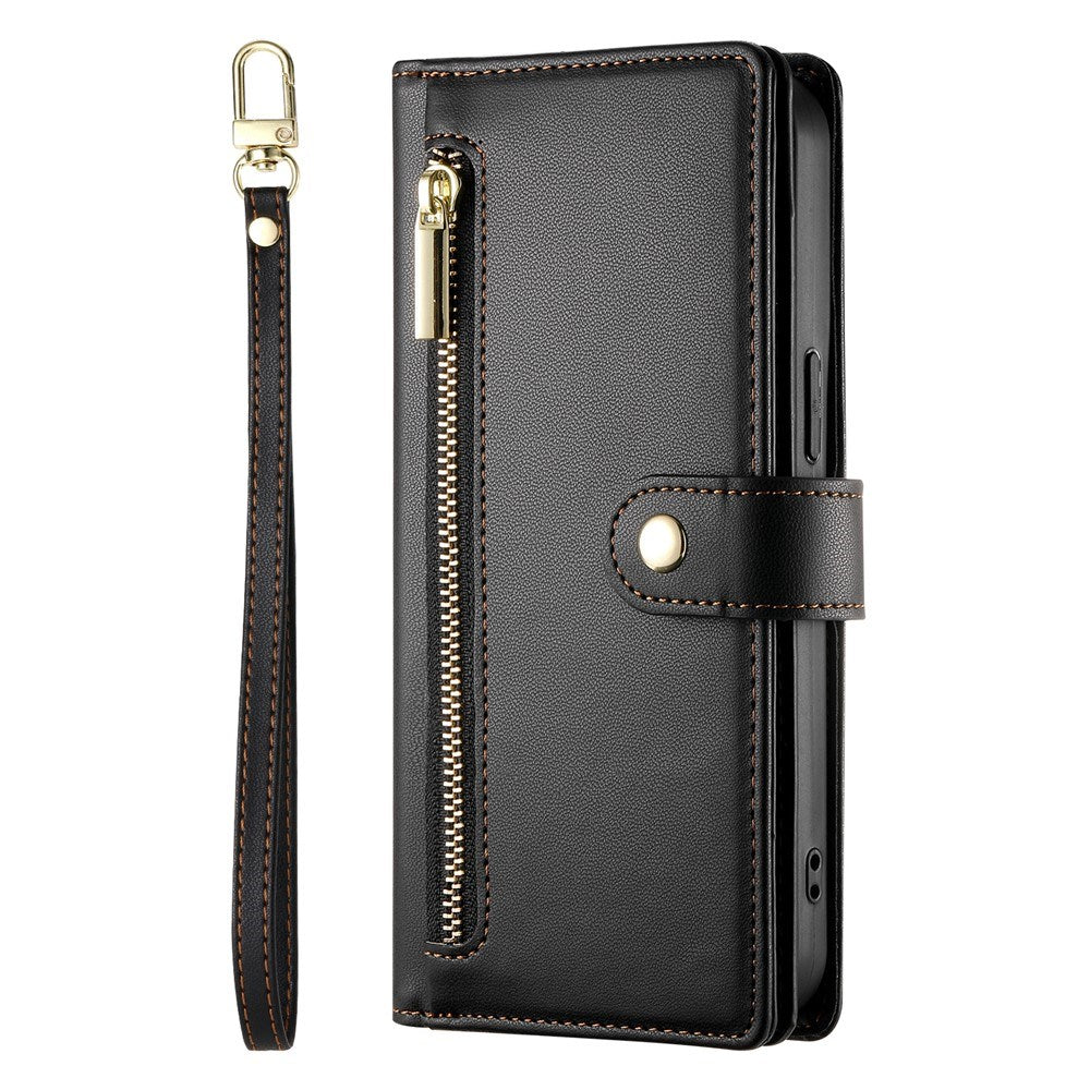 EIDERWOOD iPhone 17 Pro Flip Case with Card Holder / Zipper Pocket / Strap - Black