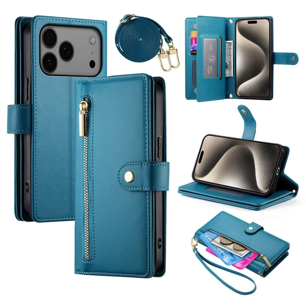 EIDERWOOD iPhone 17 Pro Max Flip Case with Card Holder / Zipper Pocket / Strap - Blue