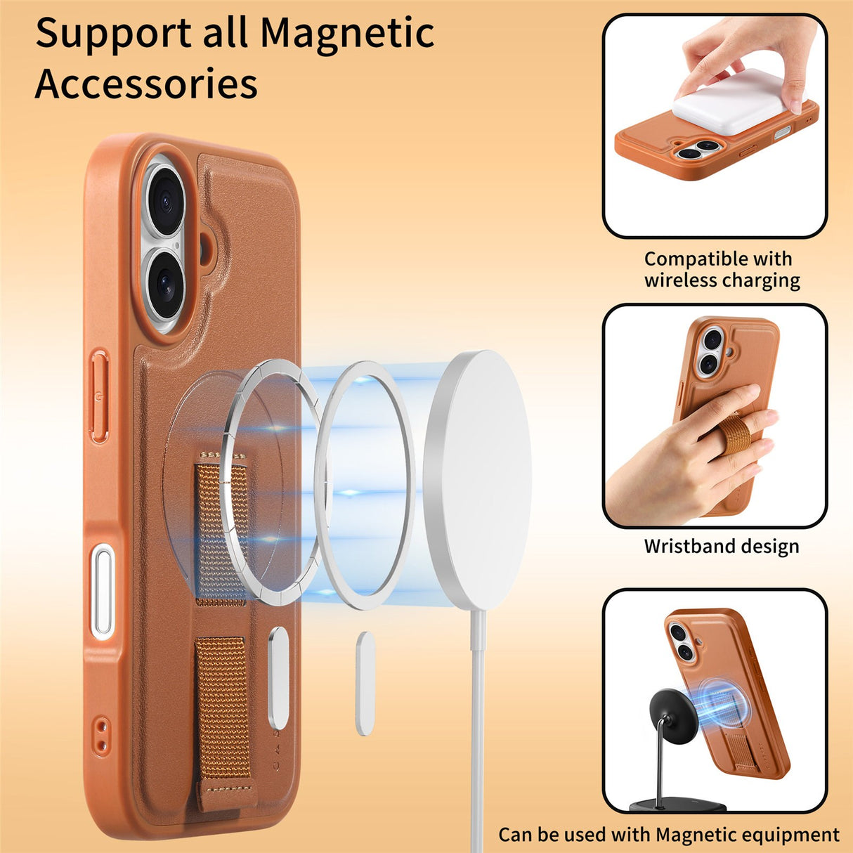 iPhone 16 Hard Plastic Case with Faux Leather Back & Finger Strap - MagSafe Compatible - Brown