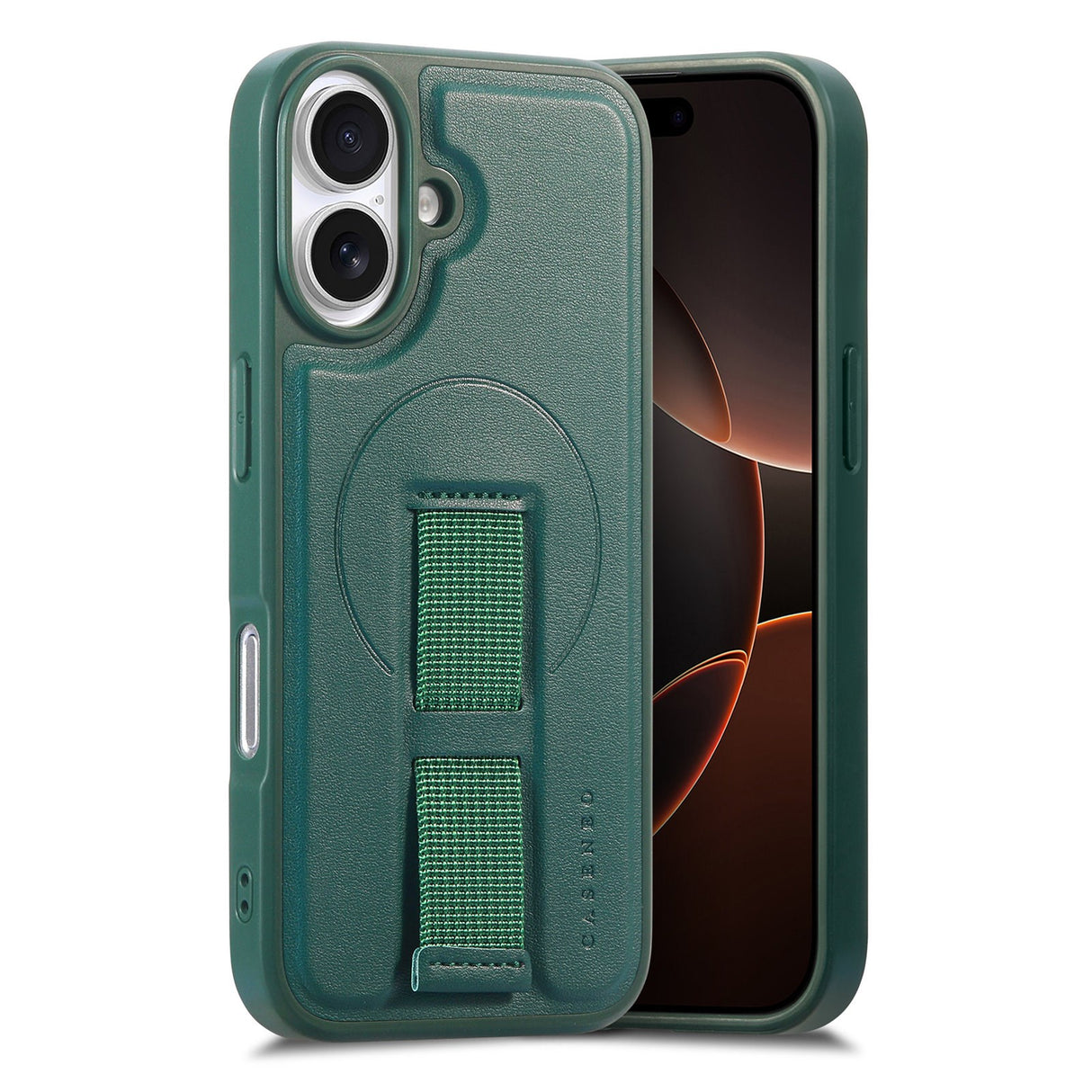 iPhone 16 Hard Plastic Case with Faux Leather Back & Finger Strap - MagSafe Compatible - Green