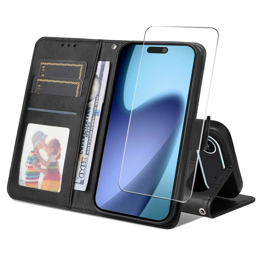 EIDERWOOD iPhone Air 2-in-1 Faux Leather Flip Case with Screen Protector Glass - Black