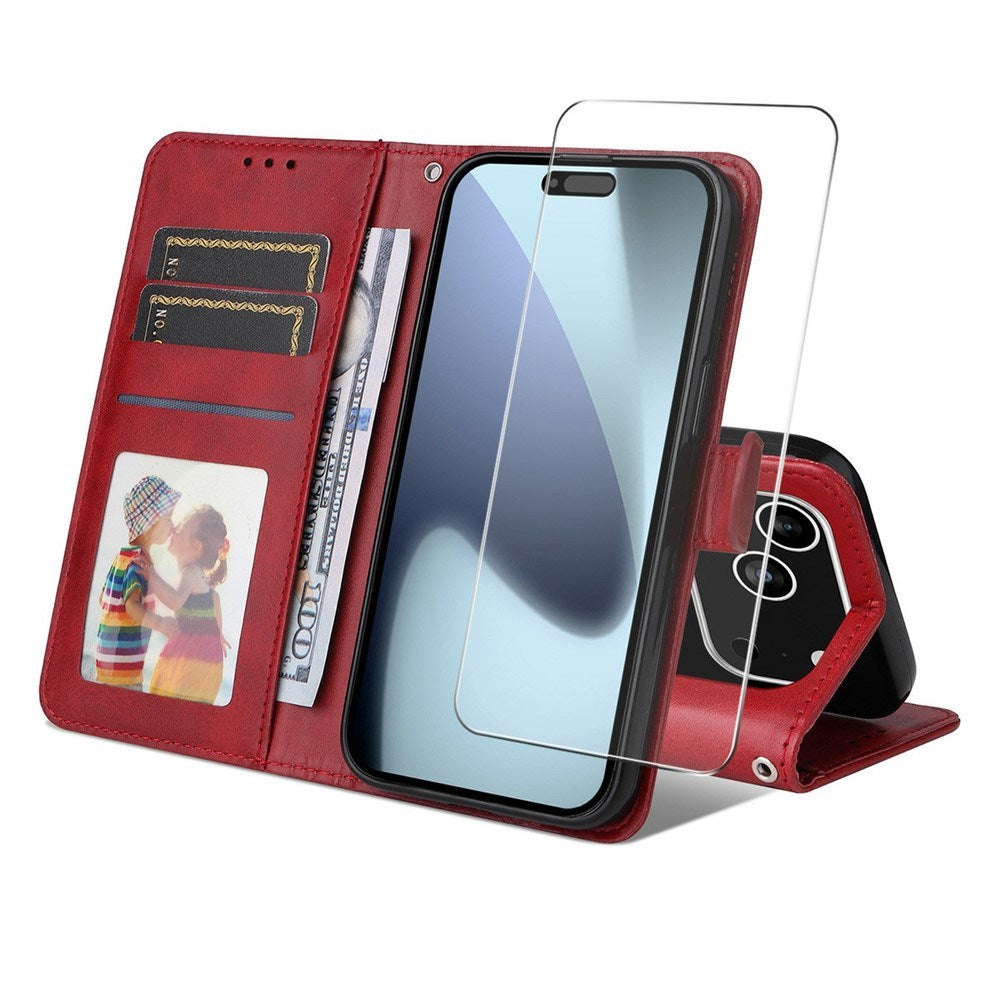 EIDERWOOD iPhone 17 Pro 2-in-1 Faux Leather Flip Case with Screen Protector Glass - Red