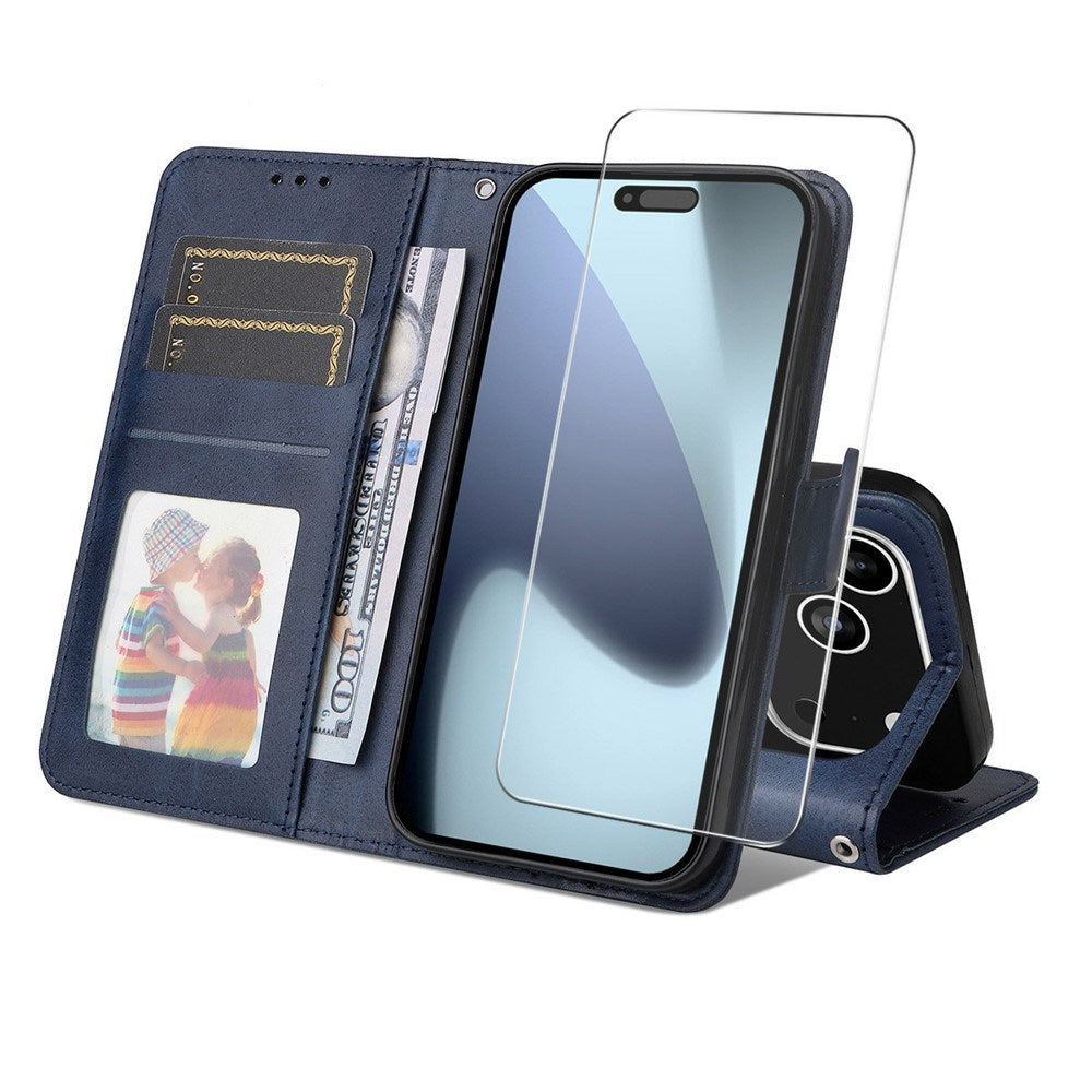 EIDERWOOD iPhone 17 Pro 2-in-1 Faux Leather Flip Case with Screen Protector Glass - Blue