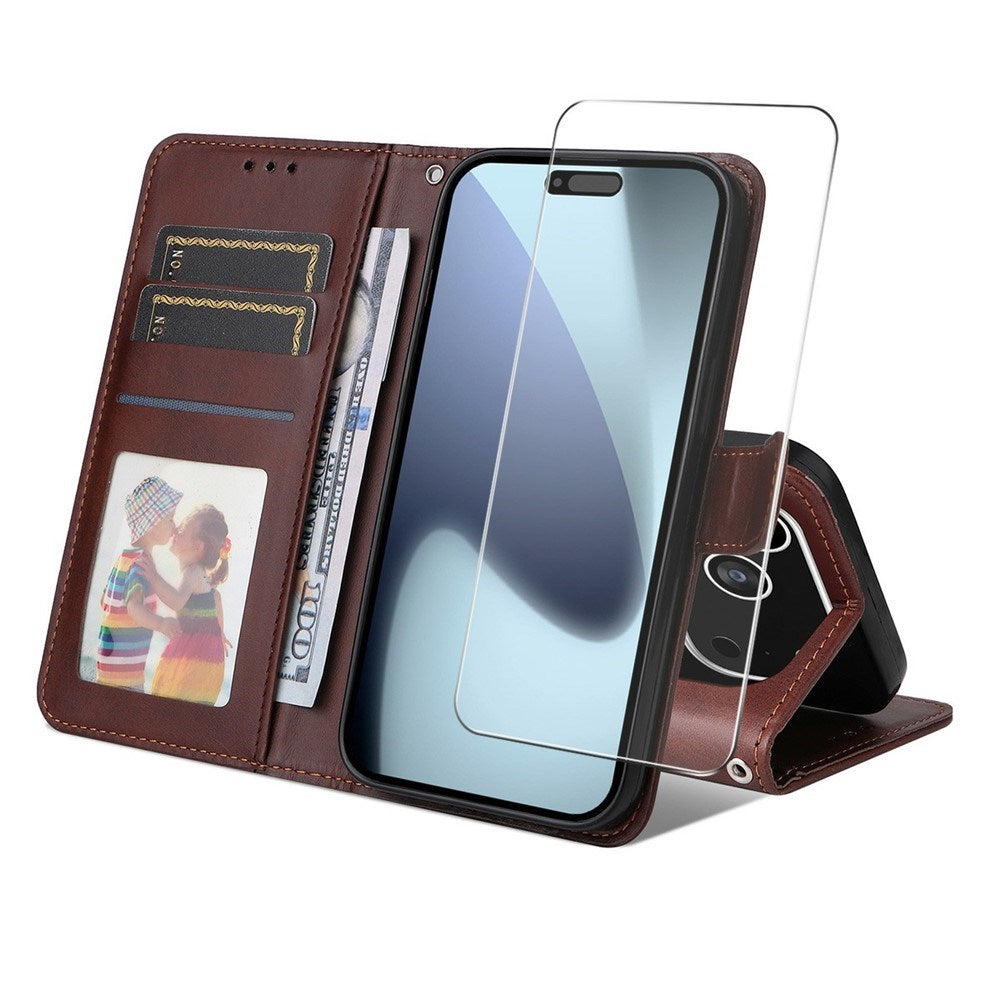 EIDERWOOD iPhone 17 Pro Max 2-in-1 Faux Leather Flip Case with Screen Protector Glass - Brown