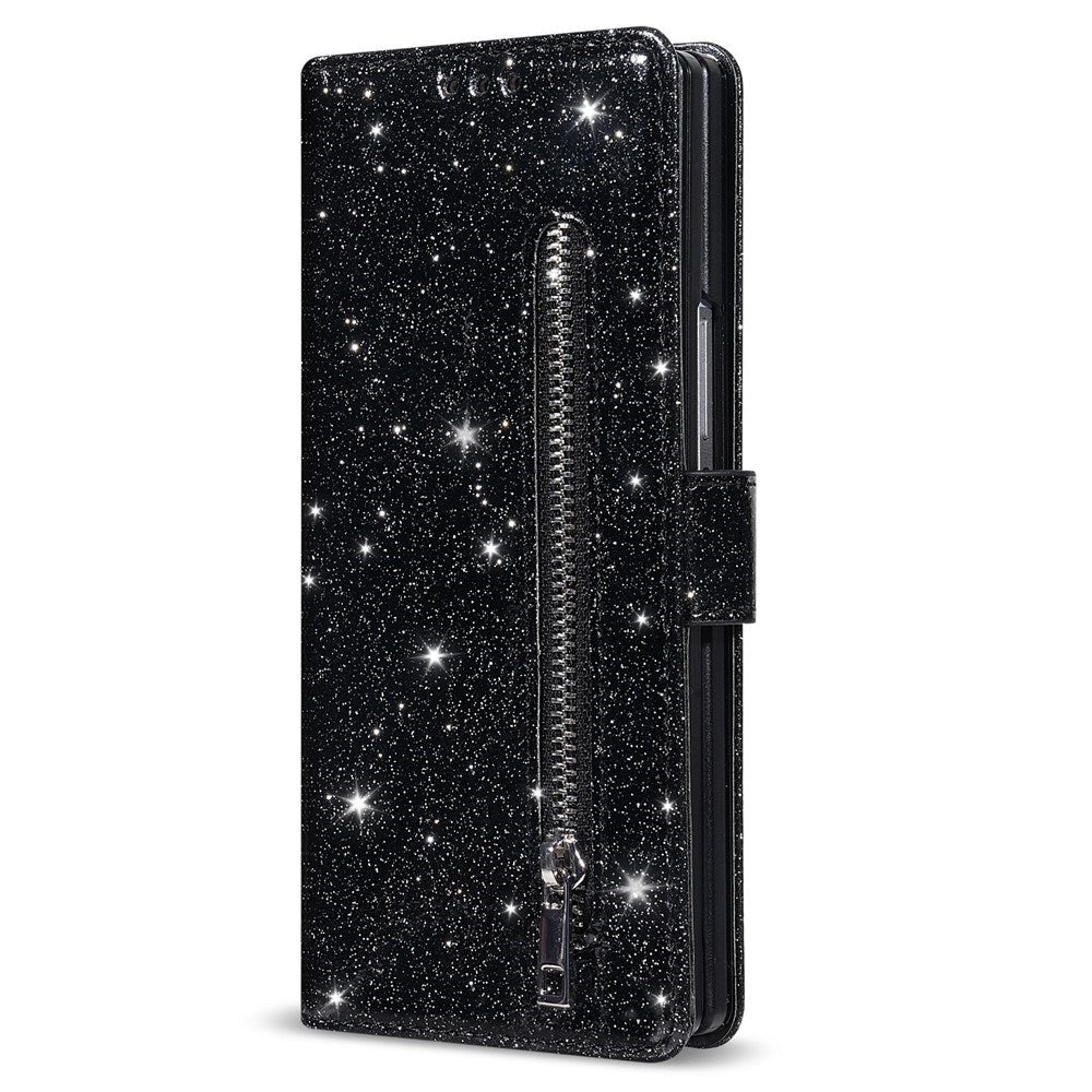 EIDERWOOD Samsung Galaxy Z Fold7 Glitter Flip Case with Wallet & Strap - Black