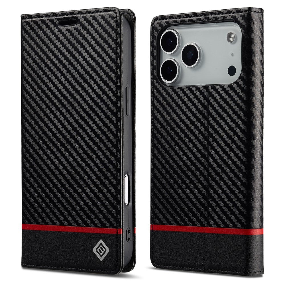 iPhone 18 Pro Max / 17 Pro Max LC.IMEEKE Artificial Leather Flip Case with Carbon Fiber - Black / Red Horizontal Stripe