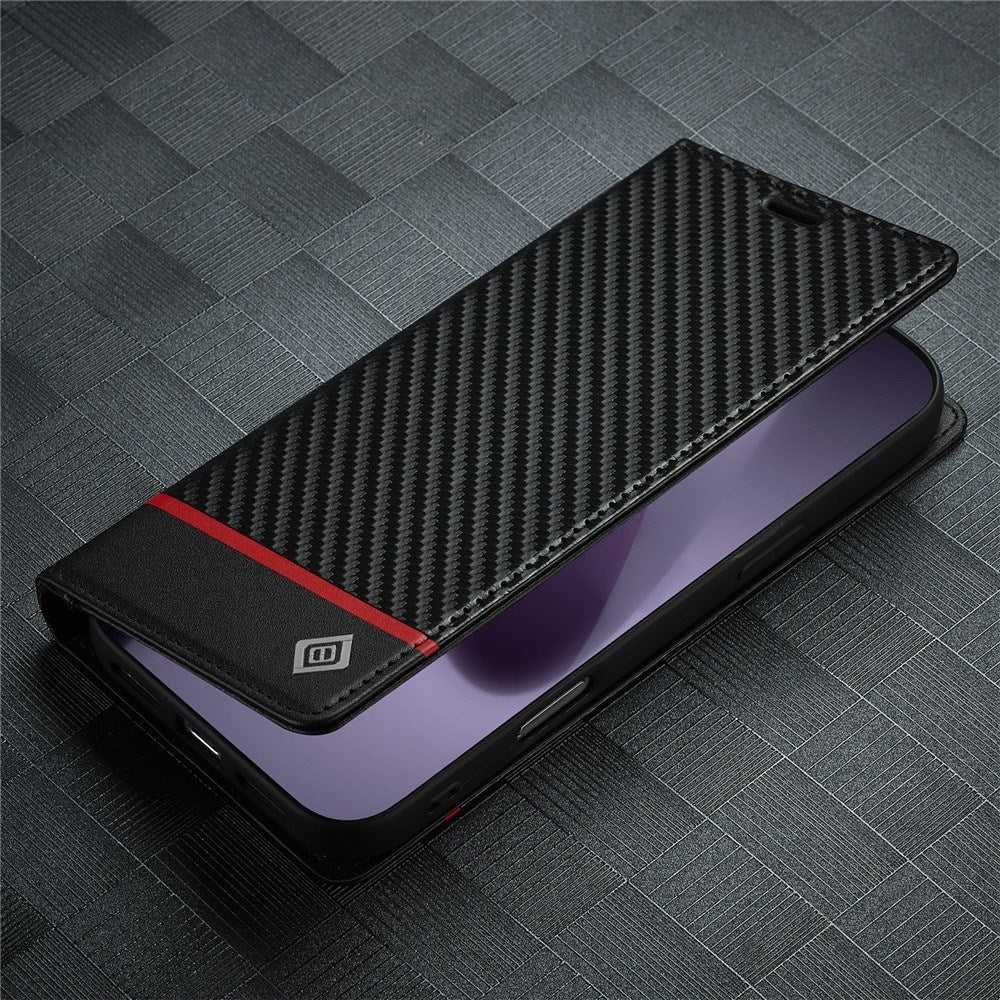 iPhone 18 Pro Max / 17 Pro Max LC.IMEEKE Artificial Leather Flip Case with Carbon Fiber - Black / Red Horizontal Stripe