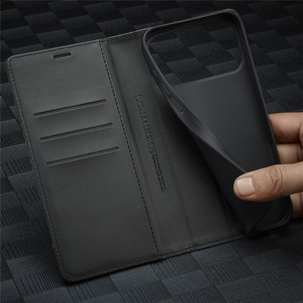 iPhone 18 Pro Max / 17 Pro Max LC.IMEEKE Artificial Leather Flip Case with Carbon Fiber - Black / Red Vertical Stripe
