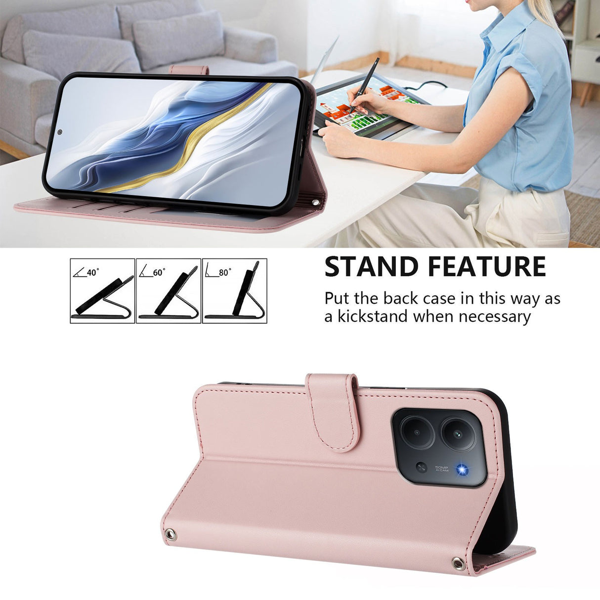 Xiaomi Redmi 15C (5G) / (4G) EIDERWOOD Flip Case with Card Holder & Stand Function - Pink