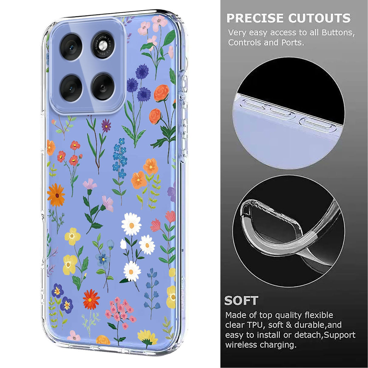 EIDERWOOD Motorola Moto G56 Flexible Plastic Case with Floral Motif - Transparent / Different Flowers