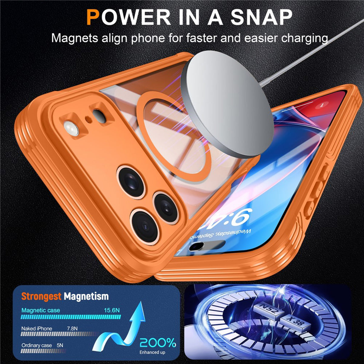 iPhone 18 Pro / 17 Pro Hybrid Plastic Case with Built-In Screen Protector - MagSafe Compatible - Transparent / Orange