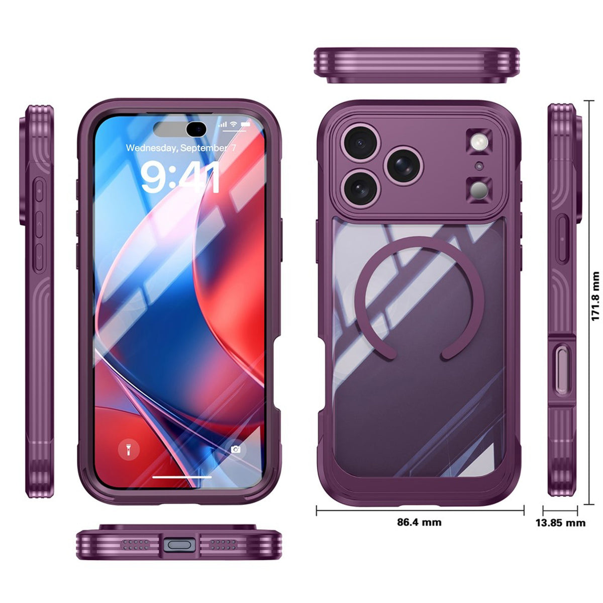 iPhone 18 Pro / 17 Pro Hybrid Plastic Case with Built-In Screen Protector - MagSafe Compatible - Transparent / Purple
