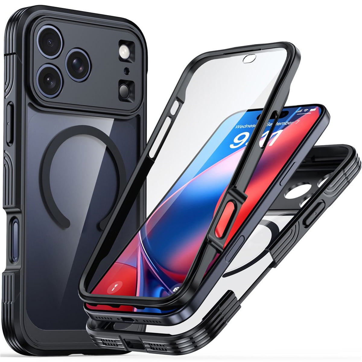 iPhone 18 Pro Max / 17 Pro Max Hybrid Plastic Case with Built-In Screen Protector - MagSafe Compatible - Transparent / Black