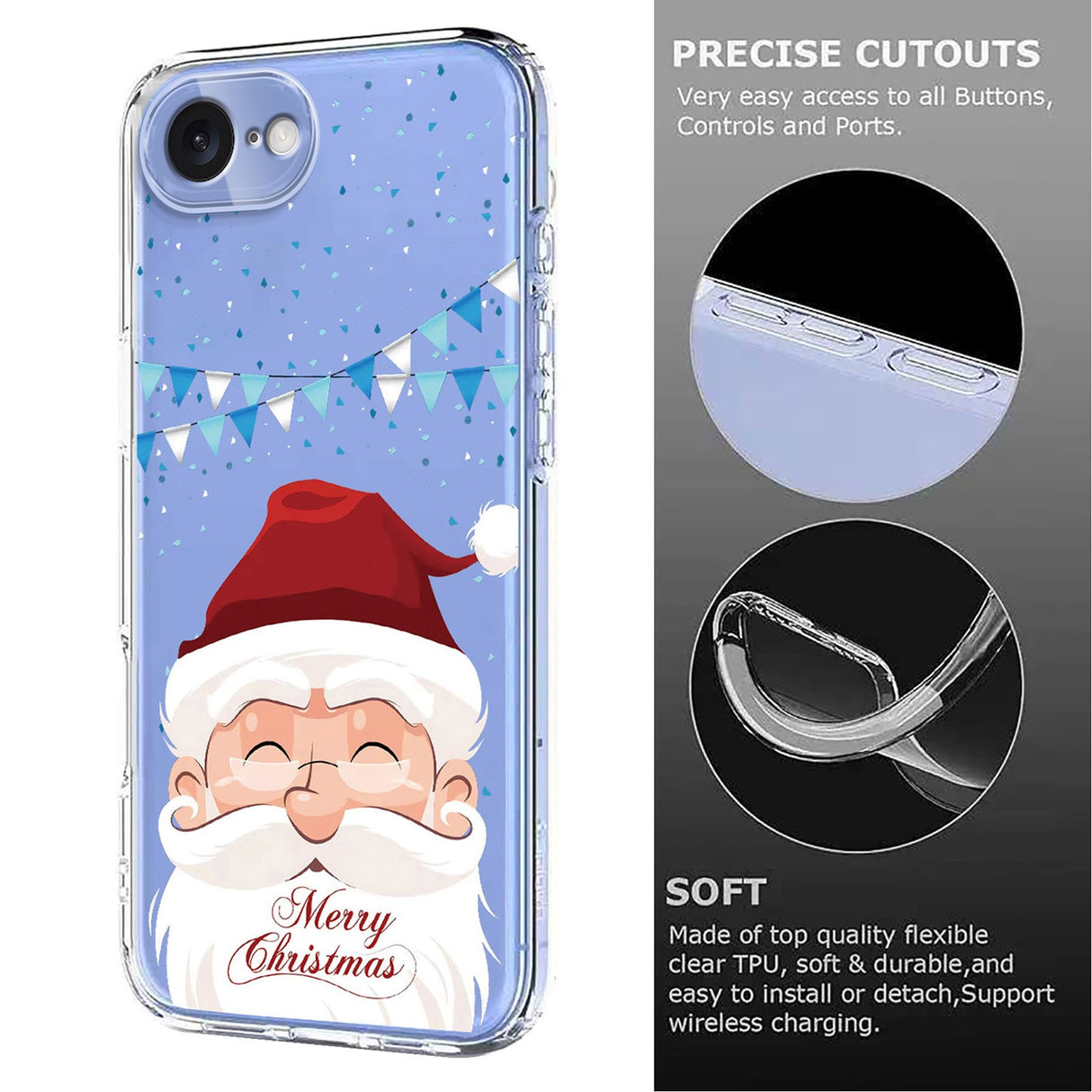 EIDERWOOD iPhone 16e Flexible Plastic Christmas Case with Motif - Transparent / Santa Claus