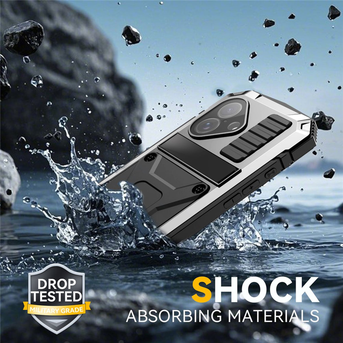 iPhone 17 R-JUST Hybrid Rugged Case with Built-In Screen Protector & Kickstand - Silver