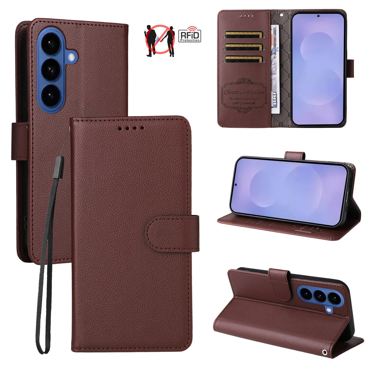 Samsung Galaxy S26 / S26 Pro EIDERWOOD Faux Leather Flip Case with Strap - Brown