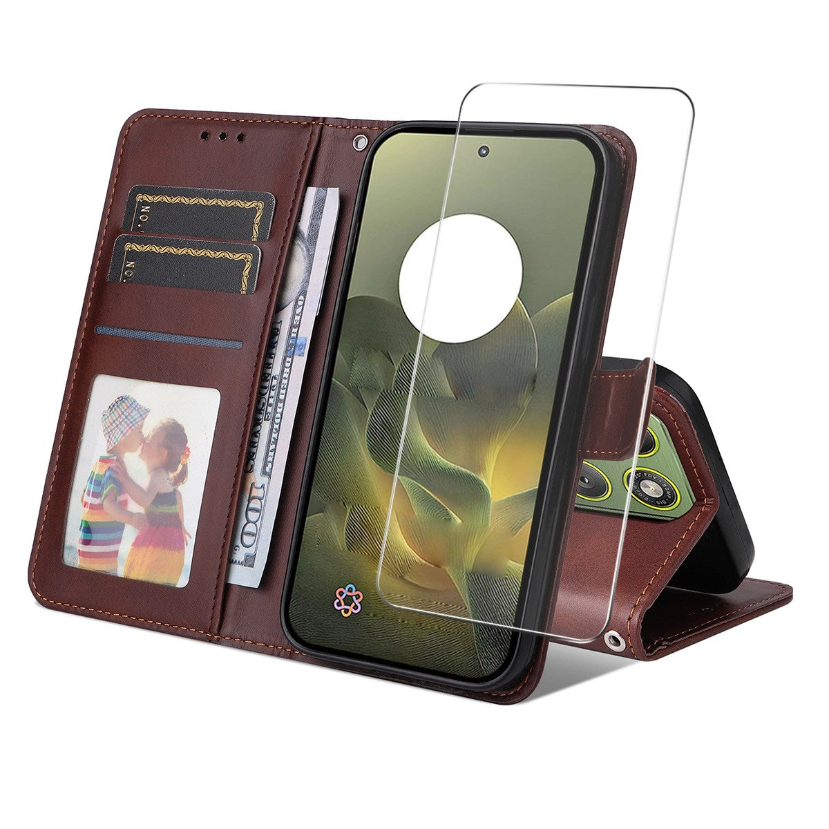 Motorola Edge 70 EIDERWOOD Leather Case with Screen Protector Glass & Card Holder - Brown