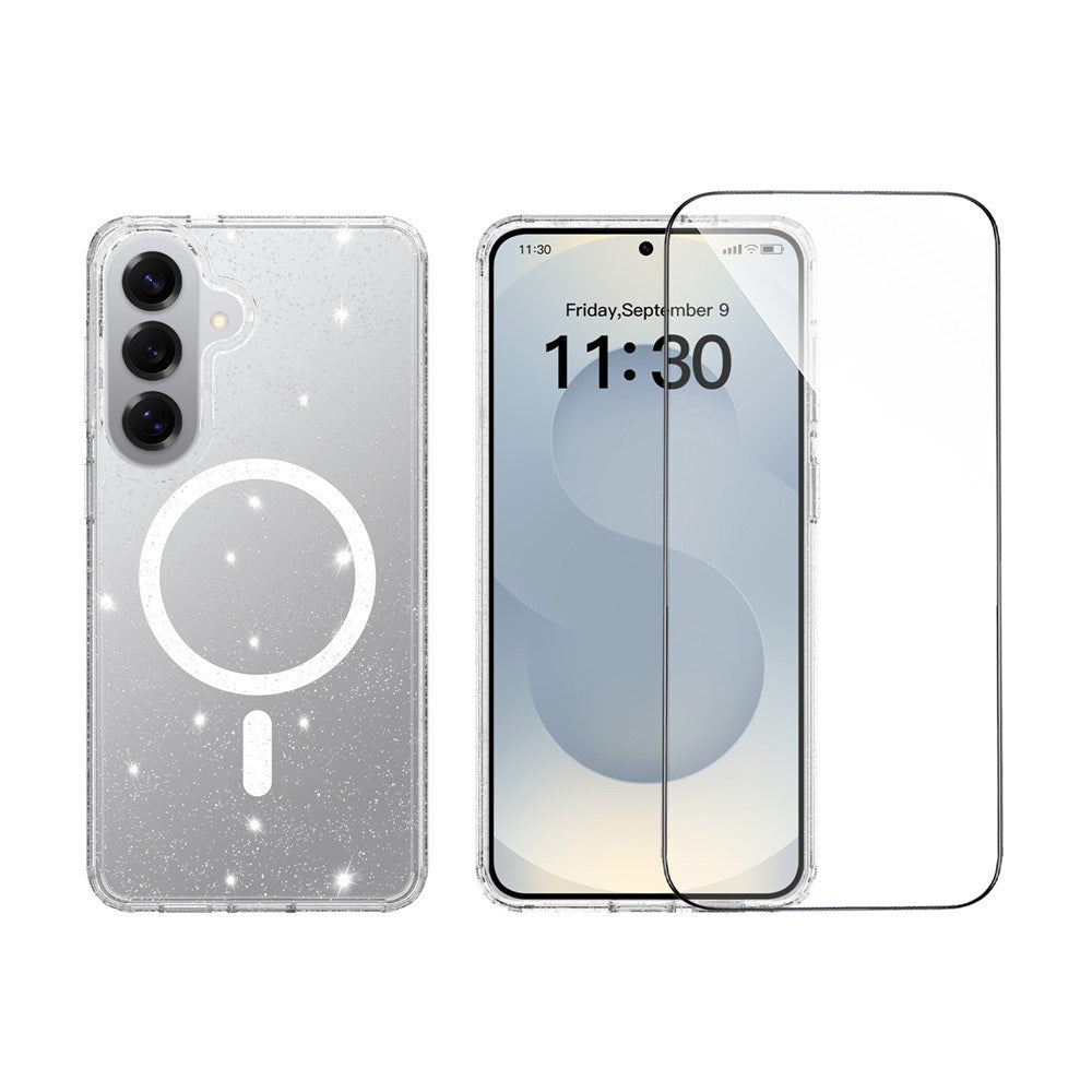 Samsung Galaxy S26+ (Plus) EIDERWOOD Magnetic Plastic Glitter Case with Screen Protector Glass – MagSafe Compatible – Transparent