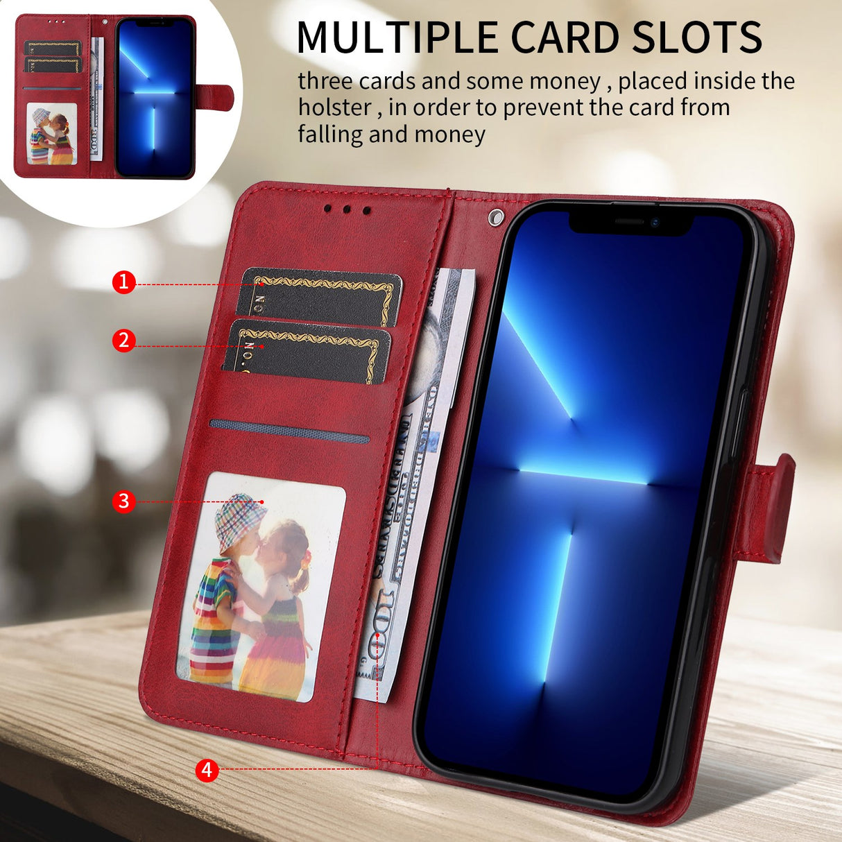 OPPO A6x EIDERWOOD Faux Leather Flip Case with Card Holder & Stand Function - Red
