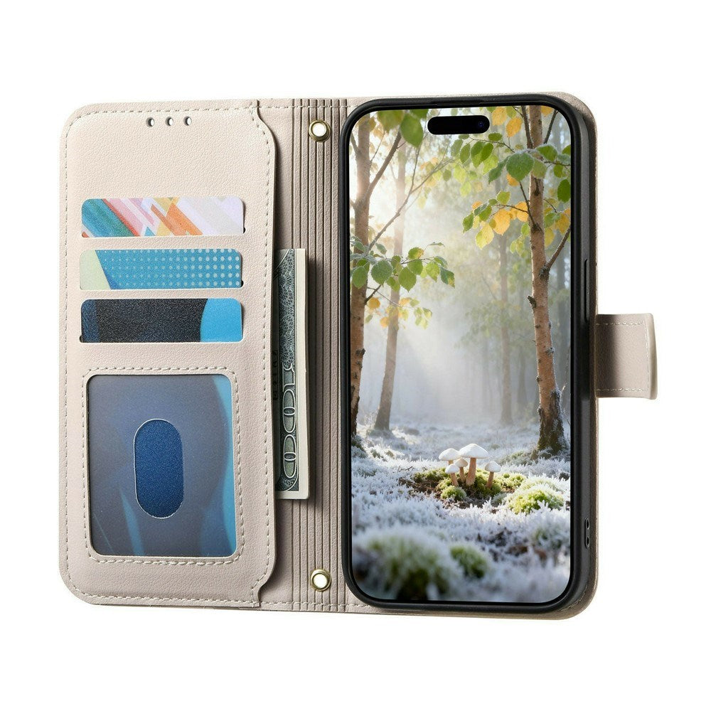 iPhone 18 Pro / 17 Pro EIDERWOOD Faux Leather Flip Case with Texture & Strap - White