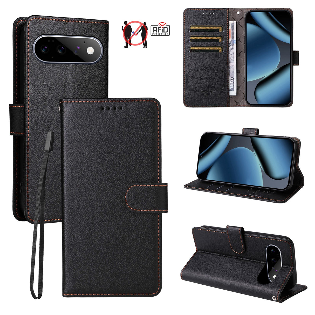 EIDERWOOD Google Pixel 11 / 11 Pro Flip Case - Card Holder & Wrist Strap - Black