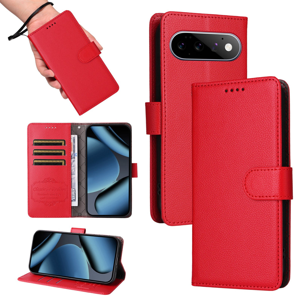 EIDERWOOD Google Pixel 11 / 11 Pro Flip Case - Card Holder & Wrist Strap - Red