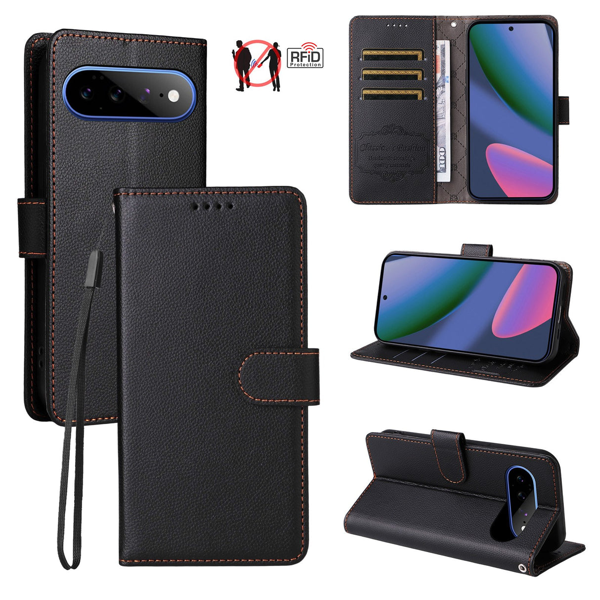 EIDERWOOD Google Pixel 11 Pro XL Flip Case - Card Holder & Wrist Strap - Black