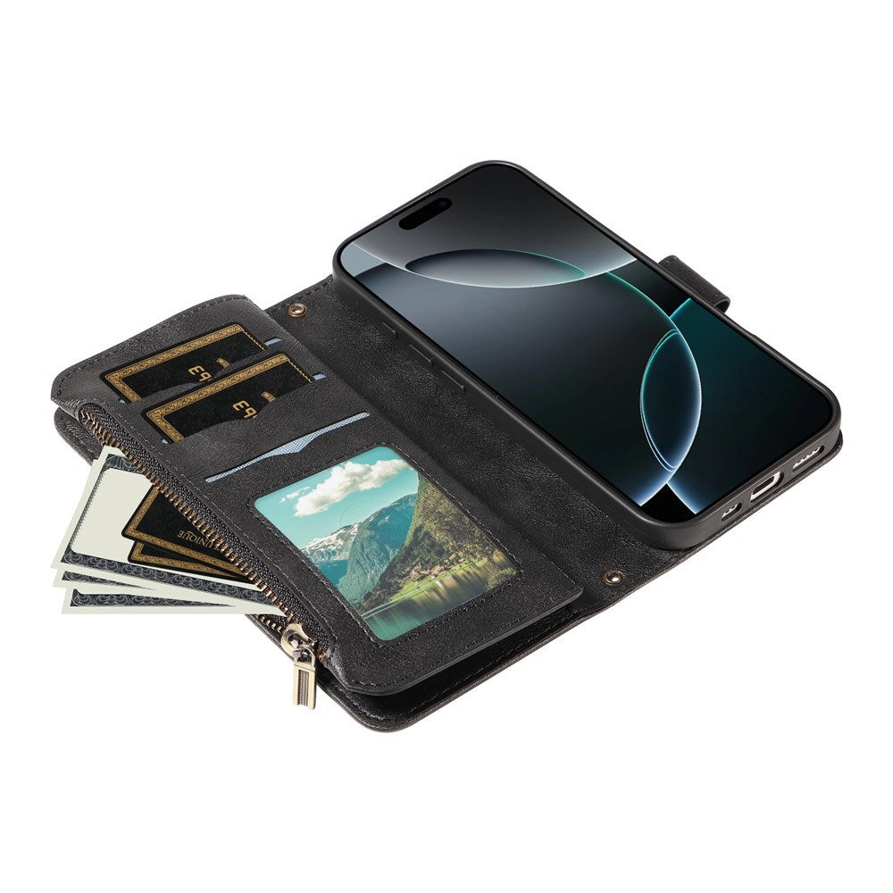 iPhone 17 Pro EIDERWOOD Flip Case with 9 x Card Holder - Zipper Pocket - RFDI Blocking - Strap - Black