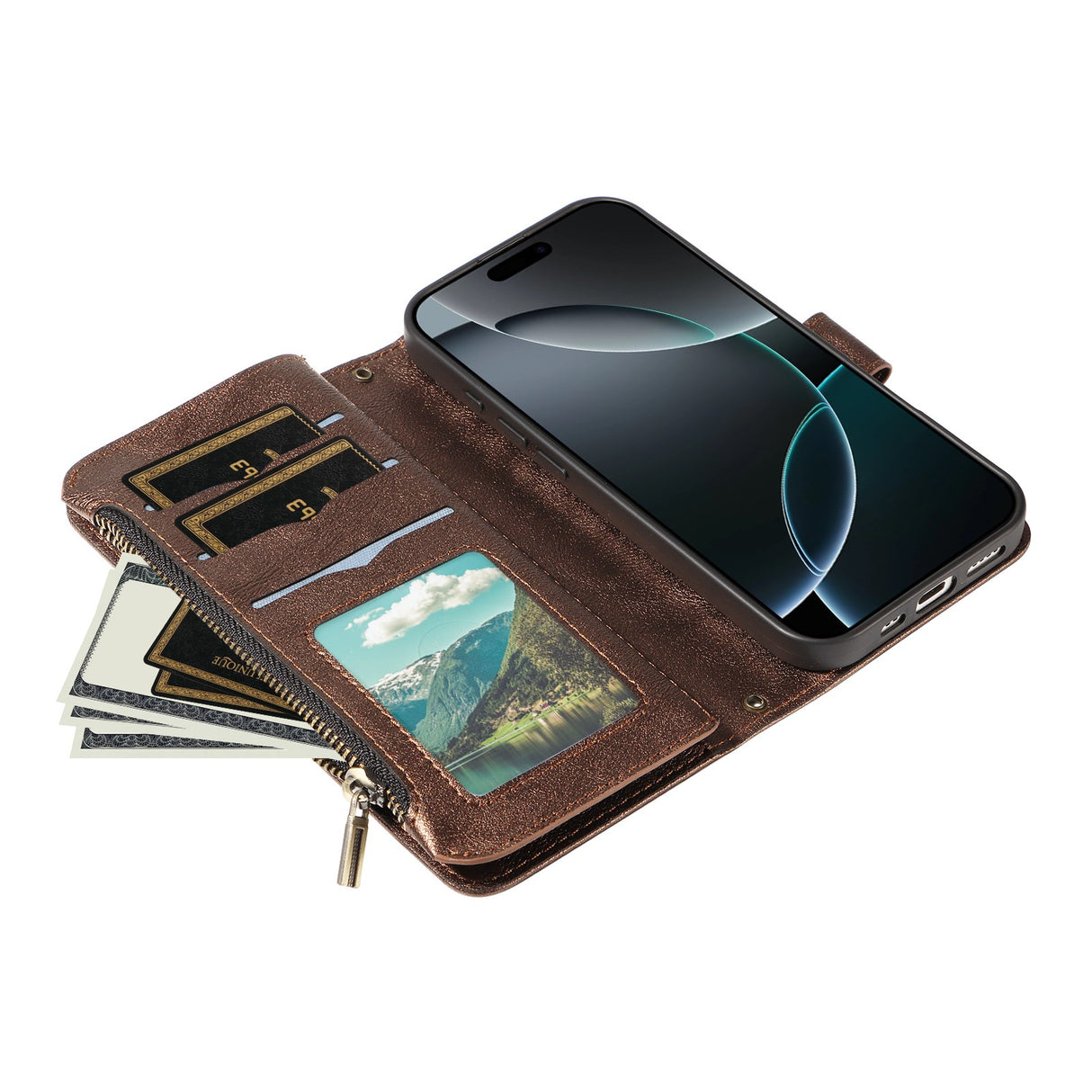 iPhone 17e / 16e EIDERWOOD Flip Case with 9 x Card Holder - Zipper Pocket - RFDI Blocking - Strap - Brown