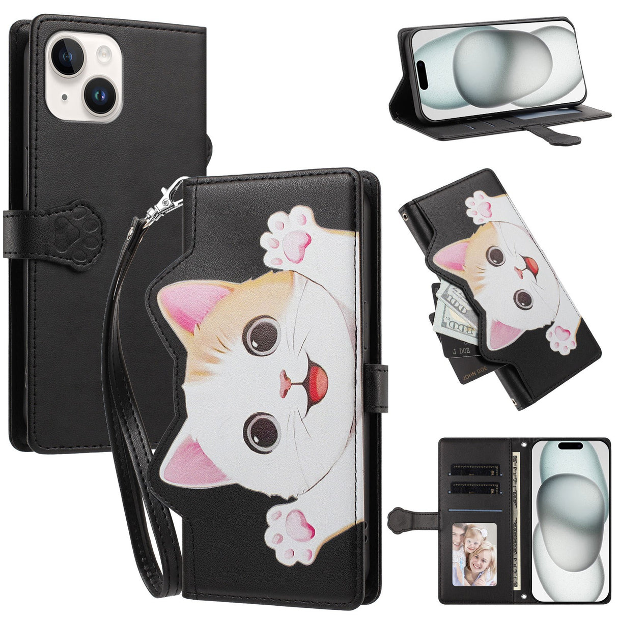 iPhone 14 / 13 Flipcase with 3D Cat Ears - Card Holder & Stand Function - Black