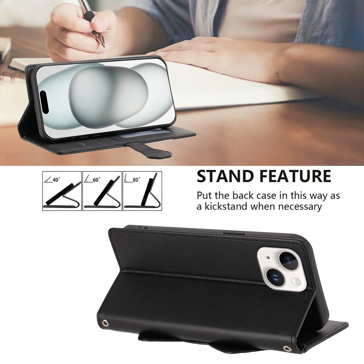 iPhone 14 / 13 Flipcase with 3D Cat Ears - Card Holder & Stand Function - Black