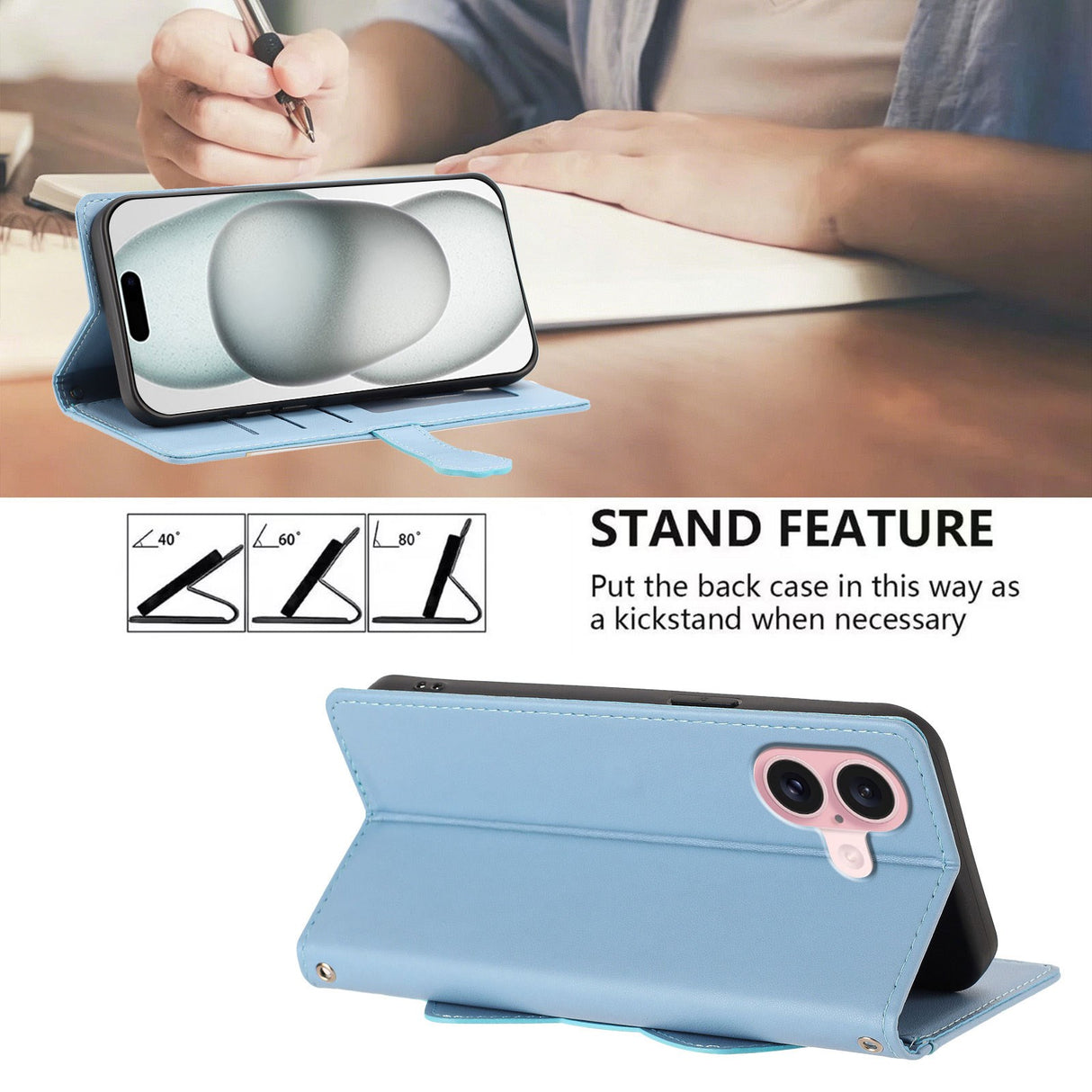 iPhone 16 Flipcase with 3D Cat Ears - Card Holder & Stand Function - Blue