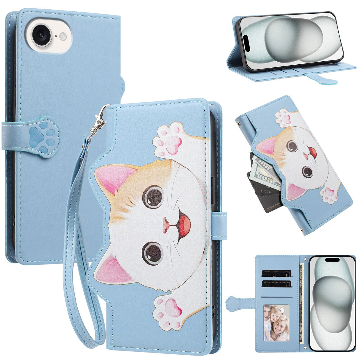 iPhone 17e / 16e Flipcase with 3D Cat Ears - Card Holder & Stand Function - Blue
