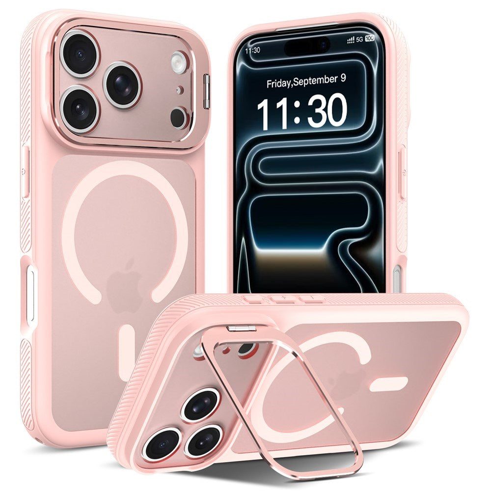 iPhone 18 Pro / 17 Pro Hybrid Plastic Case w. Shock-Absorbing Edges & Kickstand - MagSafe Compatible - Pink