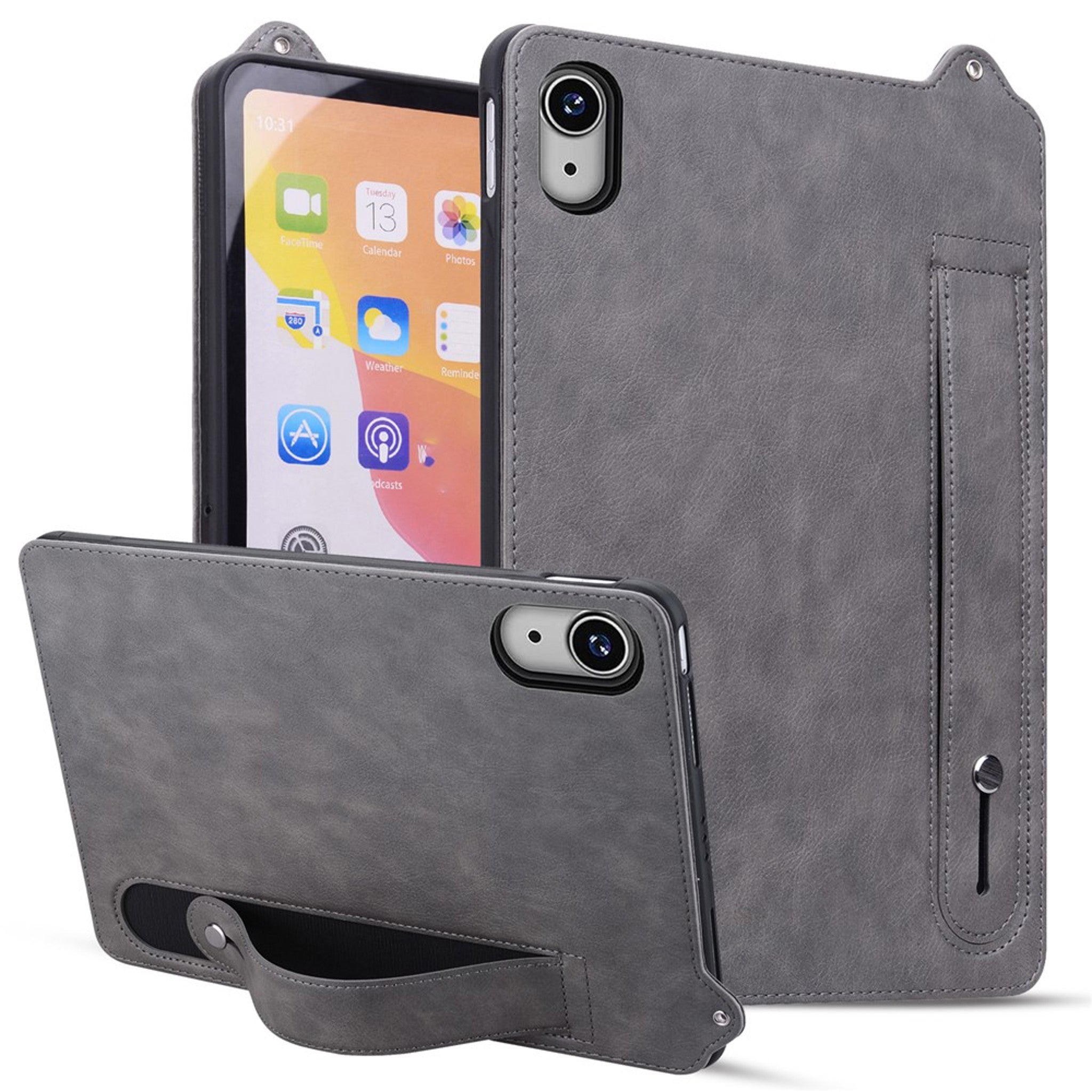 iPad Mini (2026) 8th Gen. EIDERWOOD Faux Leather Back Case with Strap Kickstand - Grey