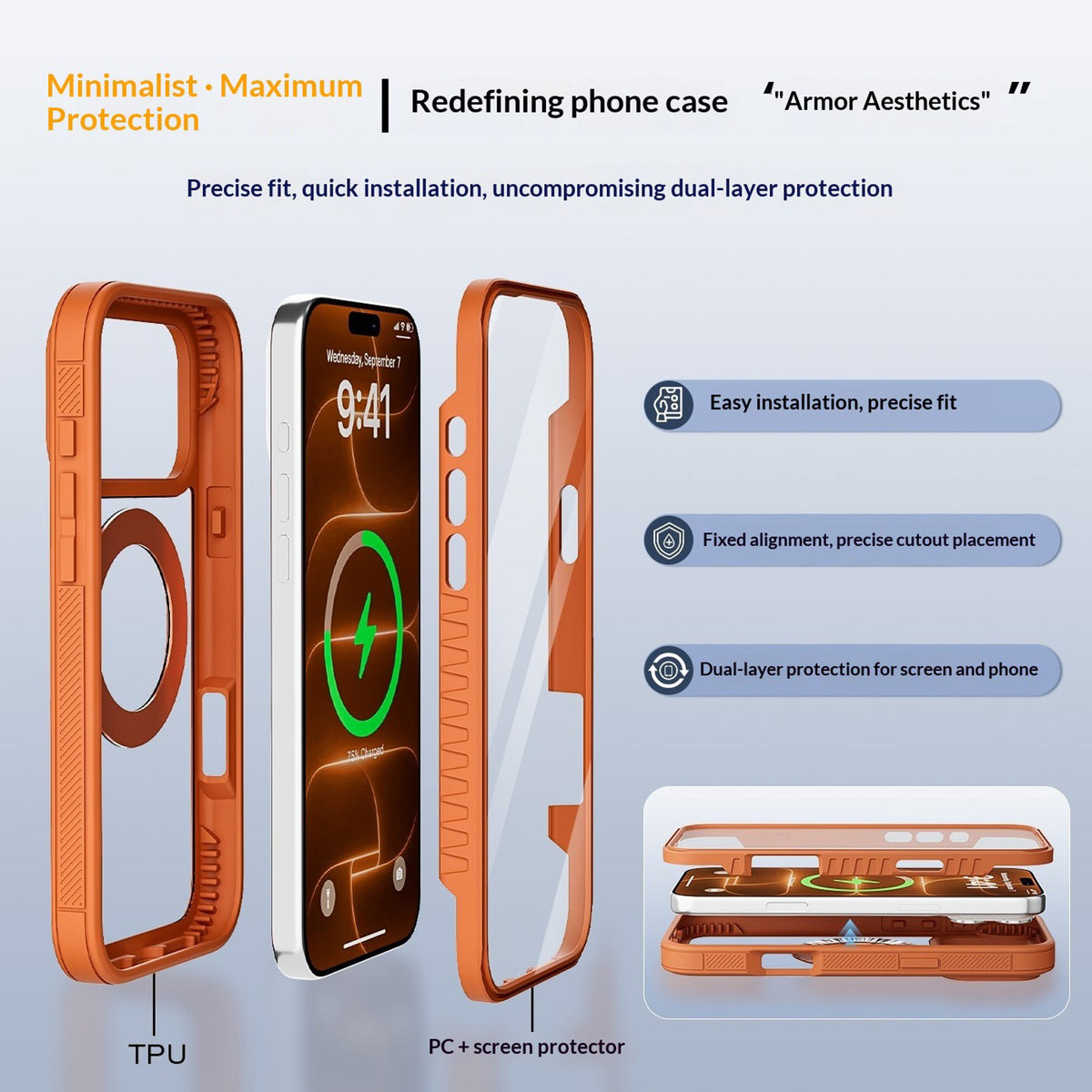 iPhone 18 Pro Max / 17 Pro Max EIDERWOOD Case with Screen Protector and Stand Function - MagSafe Compatible - Orange / Transparent
