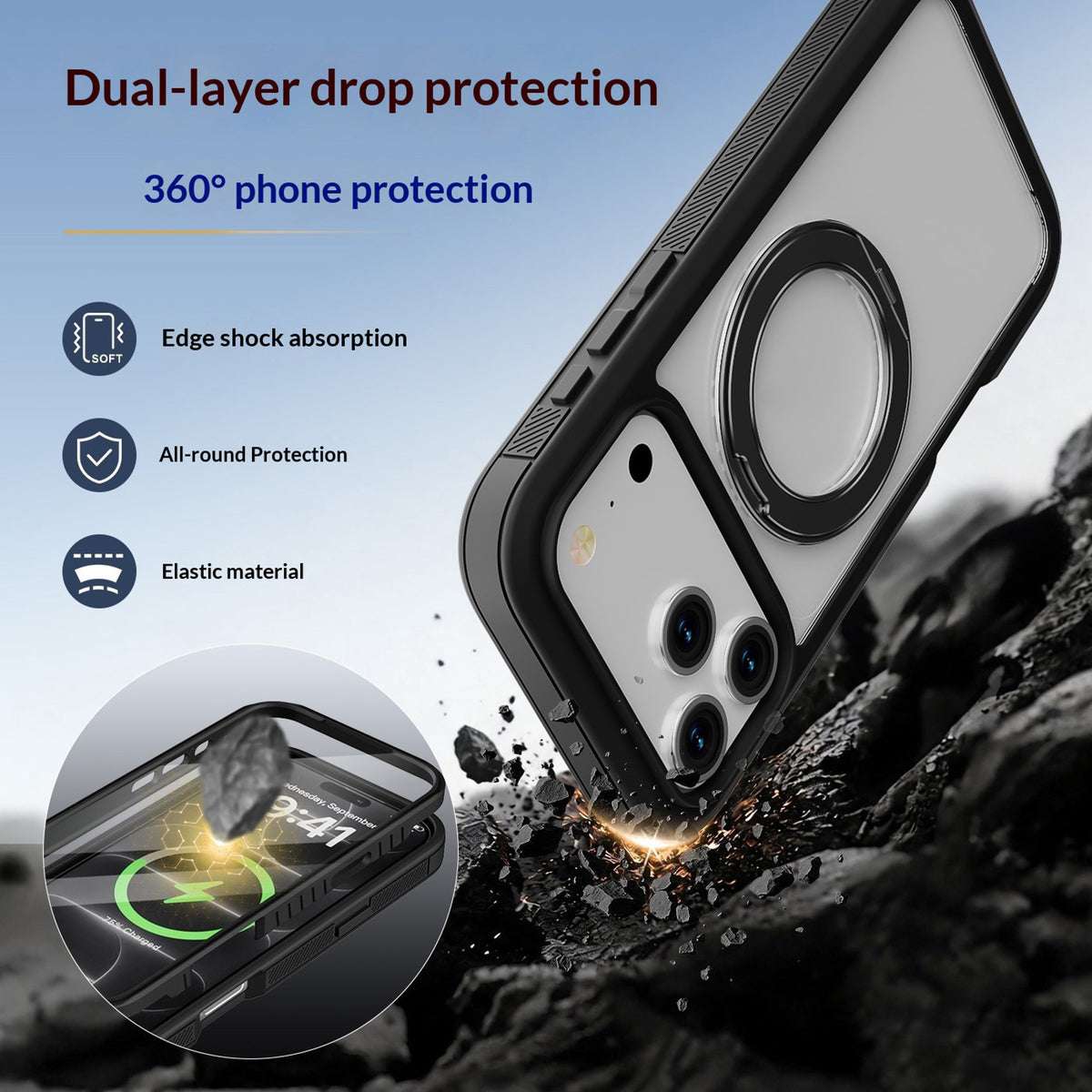 iPhone 18 Pro Max / 17 Pro Max EIDERWOOD Case with Screen Protector and Stand Function - MagSafe Compatible - Black / Transparent