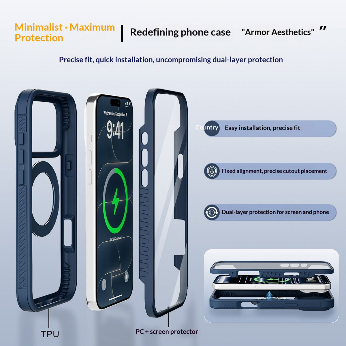 iPhone 18 Pro / 17 Pro EIDERWOOD Case with Screen Protector and Stand Function - MagSafe Compatible - Blue / Transparent