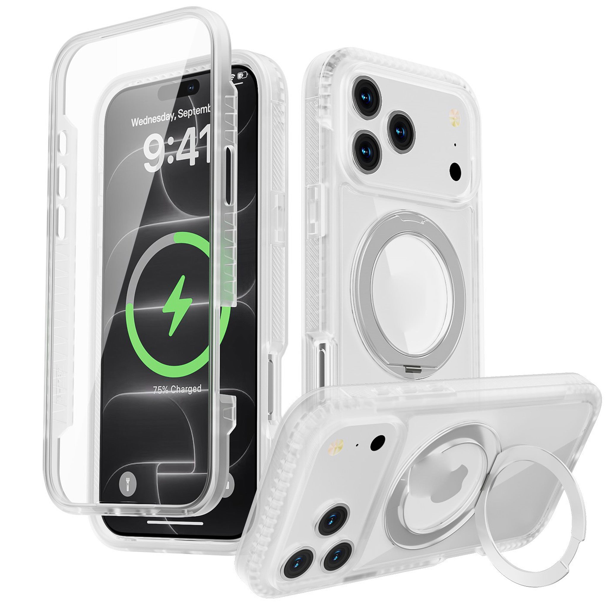 iPhone 18 Pro / 17 Pro EIDERWOOD Case with Screen Protector and Stand Function - MagSafe Compatible - White / Transparent
