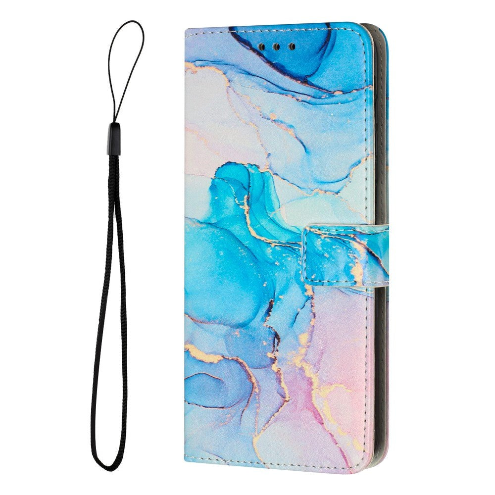 Motorola Edge 40 Pro Leather Flip Case w. Wallet & Strap - Marble - Blue / Pink
