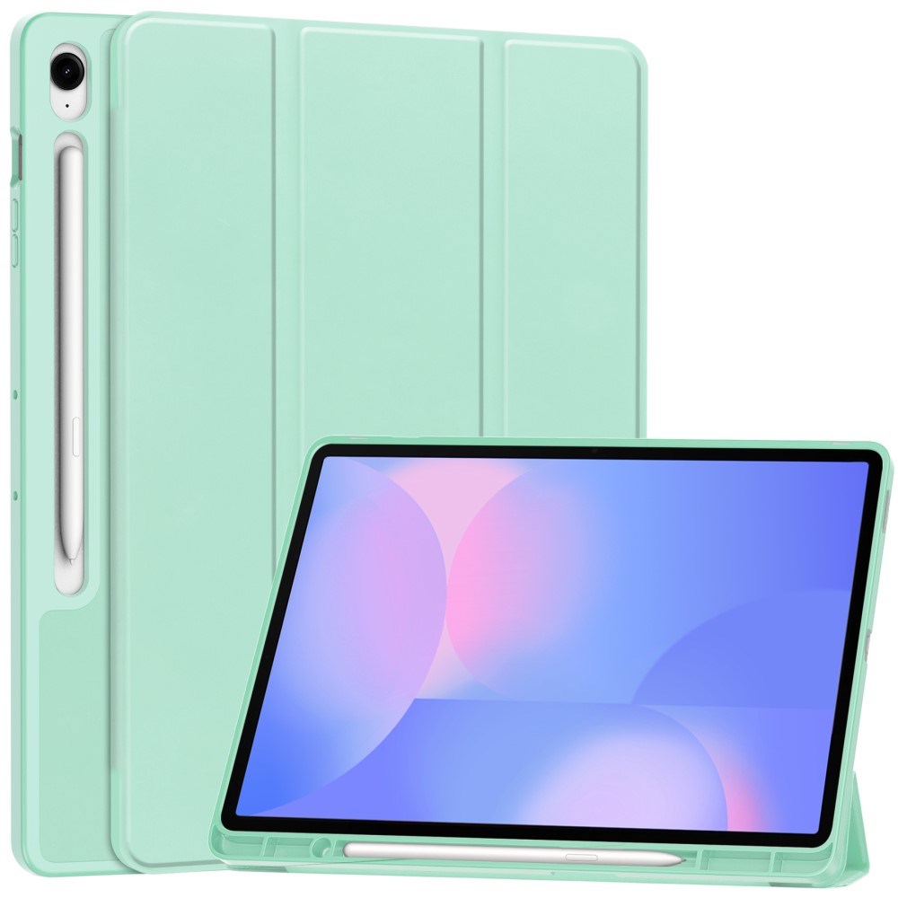 EIDERWOOD Samsung Galaxy Tab S10 FE+ (Plus) Tri-Fold Faux Leather Flip Case with Stylus Pen Holder - Light Green