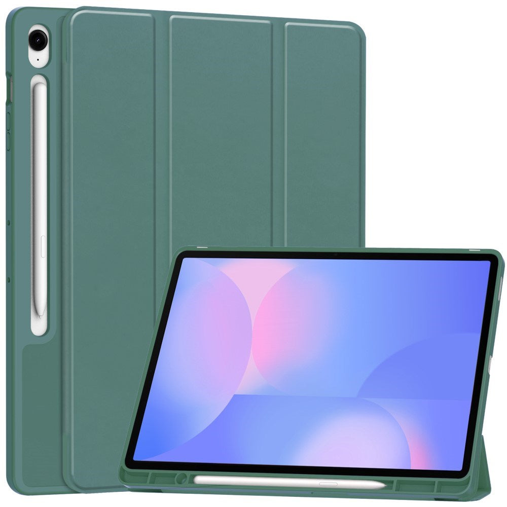 EIDERWOOD Samsung Galaxy Tab S10 FE+ (Plus) Tri-Fold Faux Leather Flip Case with Stylus Pen Holder - Dark Green