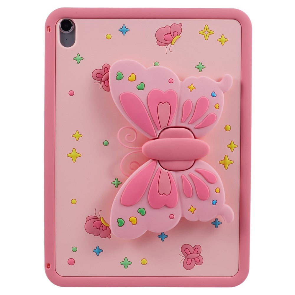 iPad 10.9" (2024/2022) Kids Case - Butterfly Kickstand Silicone Case w. Shoulder Strap - Pink