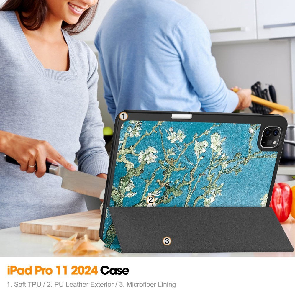 EIDERWOOD iPad Pro 11" (2025 / 2024) Tri-Fold Faux Leather Flip Case w. Wake-up / Sleep Function - Flowers