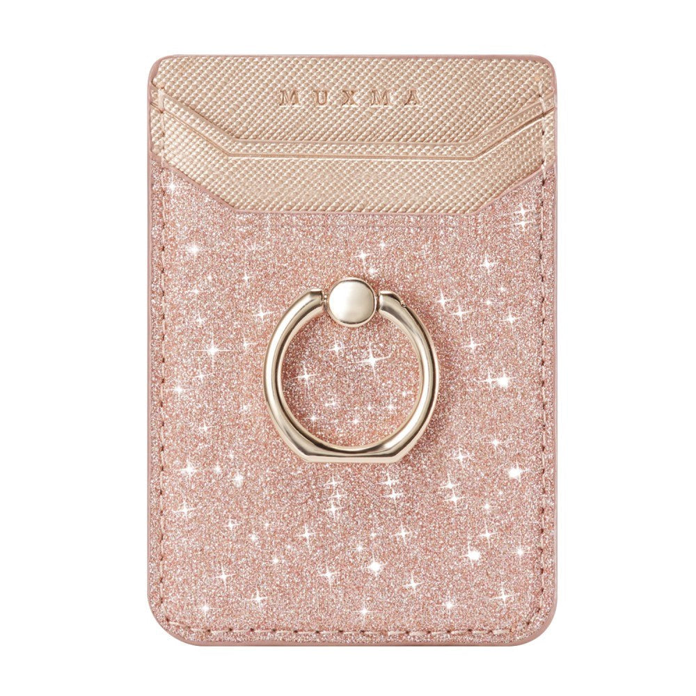 Leather Card Holder Stick-on w. Finger Ring - Glitter - Rose Gold