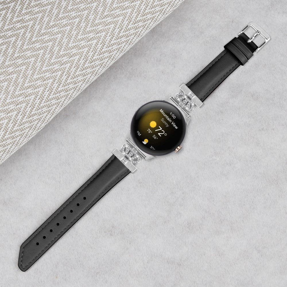 Google Pixel Watch 1 / 2 / 3 Leather Strap w. Silver Rhinestone Buckle - Black