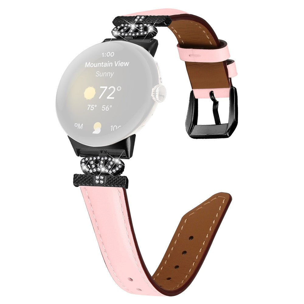 Google Pixel Watch 1 / 2 / 3 (41mm) Leather Strap w. Black Rhinestone Buckle - Pink