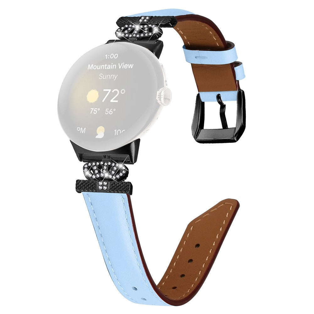 Google Pixel Watch 1 / 2 / 3 (41mm) Leather Strap w. Black Rhinestone Buckle - Blue