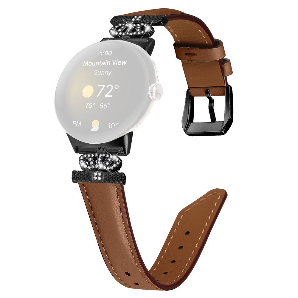 Google Pixel Watch 1 / 2 / 3 (41mm) Leather Strap w. Black Rhinestone Buckle - Brown