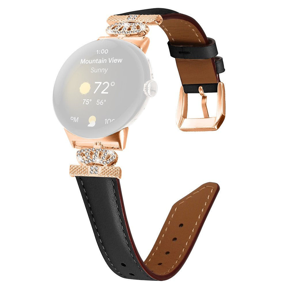 Google Pixel Watch 1 / 2 / 3 (41mm) Leather Strap w. Rose Gold Rhinestone Buckle - Black